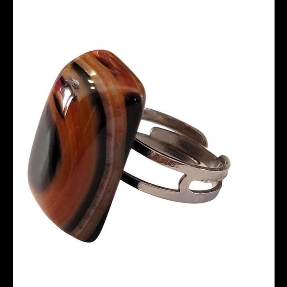 Large Montana Striped Agate Stone and Silver Tone Statement Ring - Adjustable